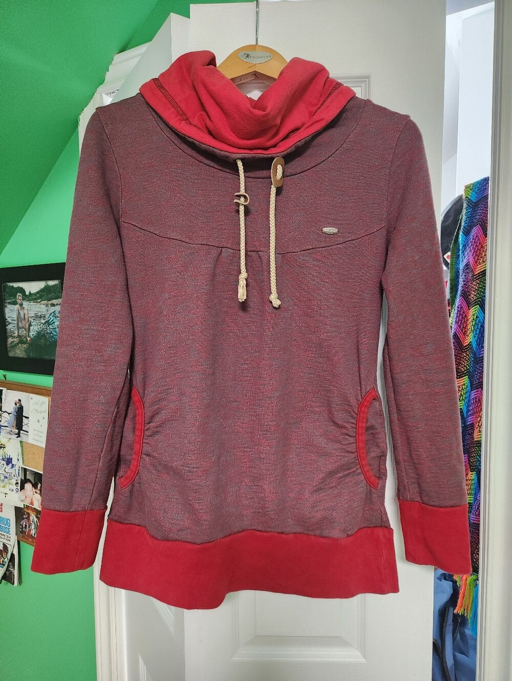 Ragwear Two Tone Red Funnel Neck Luxury Slim Fit Pullover Hoodie